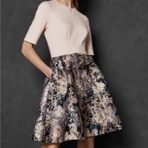 Ted Baker Amarlia Eloquent Jacquard Skater Dress In Pale Pink With Floral Skirt